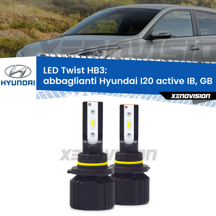 <strong>Kit abbaglianti LED</strong> HB3 per <strong>Hyundai I20 active</strong> IB, GB 2015in poi. Compatte, impermeabili, senza ventola: praticamente indistruttibili. Top Quality.