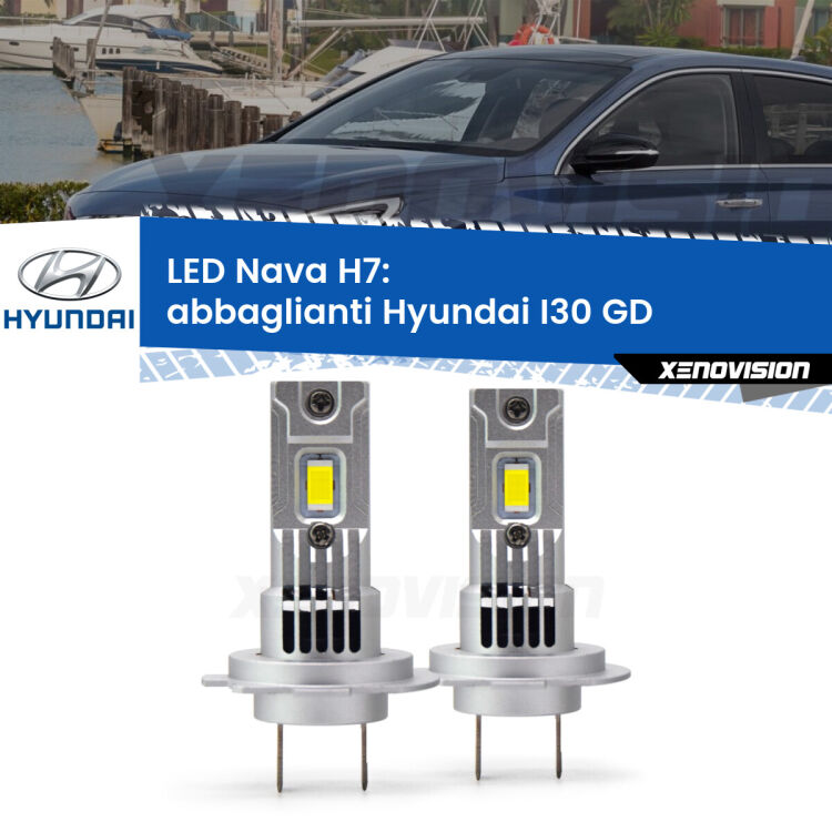 Abbaglianti LED Hyundai I30 GD 2011 -2017: H7 Nava <strong>Abbaglianti LED no-spie per Hyundai I30</strong> GD 2011 -2017. Coppia lampade <strong>H7</strong> modello Nava canbus, raffreddate a ventola.