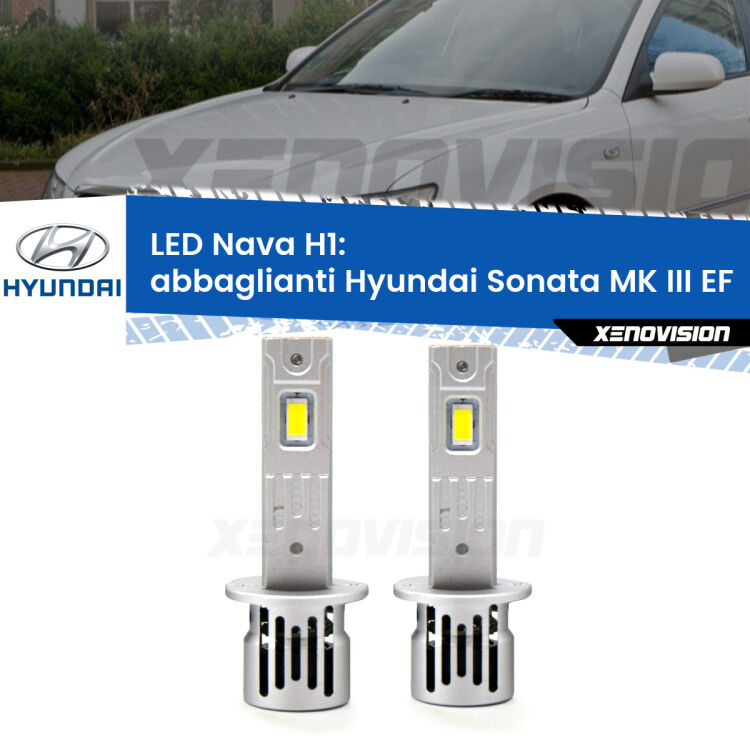 Abbaglianti LED Hyundai Sonata MK III EF 2002 -2004: H1 Nava <strong>Abbaglianti LED no-spie per Hyundai Sonata MK III</strong> EF 2002 -2004. Coppia lampade <strong> H1</strong> modello Nava canbus, raffreddate a ventola.