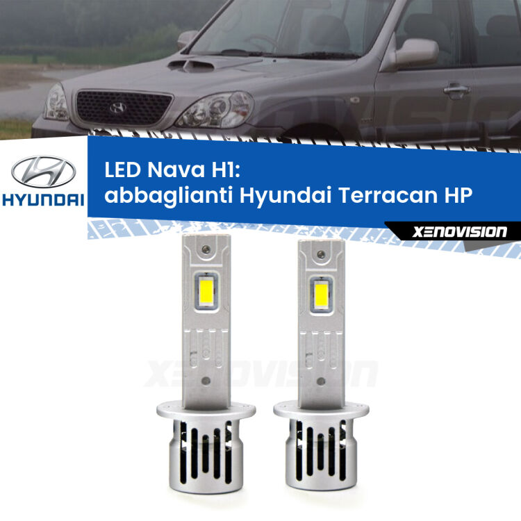 0 Abbaglianti LED Hyundai Terracan HP 2001 -2006: H1 Nava <strong>Abbaglianti LED no-spie per Hyundai Terracan</strong> HP 2001 -2006. Coppia lampade <strong> H1</strong> modello Nava canbus, raffreddate a ventola.