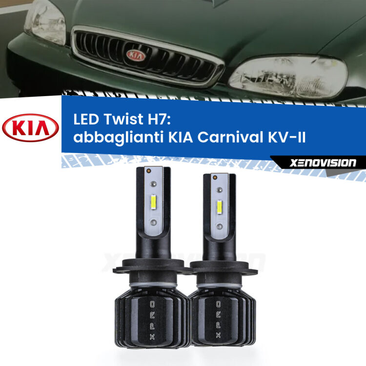 <strong>Kit abbaglianti LED</strong> H7 per <strong>KIA Carnival</strong> KV-II 1998-2004. Compatte, impermeabili, senza ventola: praticamente indistruttibili. Top Quality.