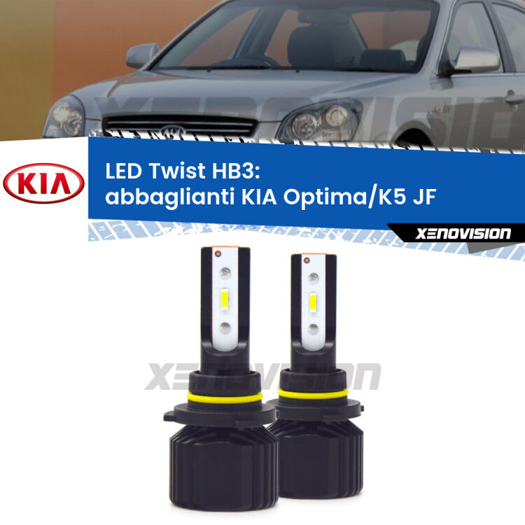 <strong>Kit abbaglianti LED</strong> HB3 per <strong>KIA Optima/K5</strong> JF 2015-2018. Compatte, impermeabili, senza ventola: praticamente indistruttibili. Top Quality.