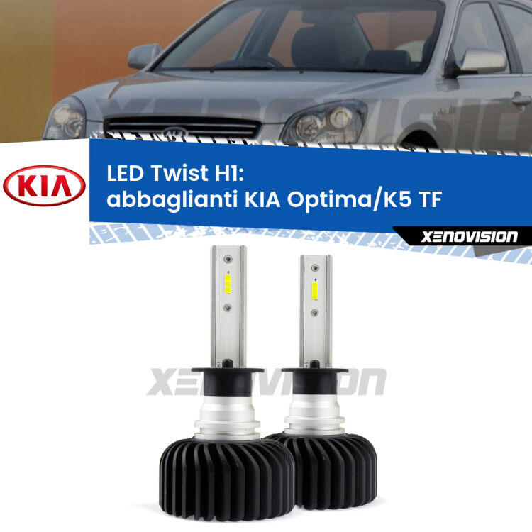 <strong>Kit abbaglianti LED</strong> H1 per <strong>KIA Optima/K5</strong> TF 2010-2013. Compatte, impermeabili, senza ventola: praticamente indistruttibili. Top Quality.