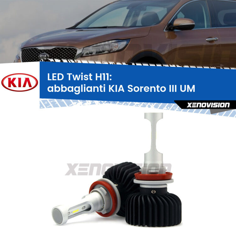 <strong>Kit abbaglianti LED</strong> H11 per <strong>KIA Sorento III</strong> UM 2015in poi. Compatte, impermeabili, senza ventola: praticamente indistruttibili. Top Quality.