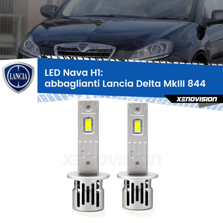 Abbaglianti LED Lancia Delta MkIII 844 con fari Bi-Xenon: H1 Nava <strong>Abbaglianti LED no-spie per Lancia Delta MkIII</strong> 844 con fari Bi-Xenon. Coppia lampade <strong> H1</strong> modello Nava canbus, raffreddate a ventola.