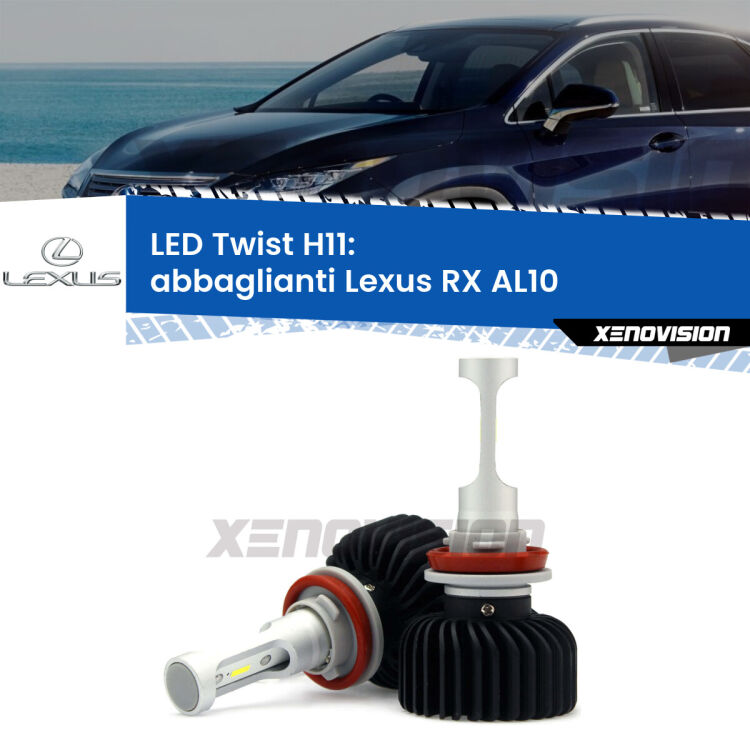 <strong>Kit abbaglianti LED</strong> H11 per <strong>Lexus RX</strong> AL10 in poi. Compatte, impermeabili, senza ventola: praticamente indistruttibili. Top Quality.