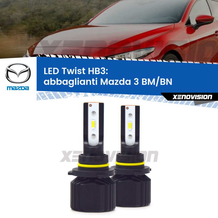 <strong>Kit abbaglianti LED</strong> HB3 per <strong>Mazda 3</strong> BM/BN senza luci diurne. Compatte, impermeabili, senza ventola: praticamente indistruttibili. Top Quality.