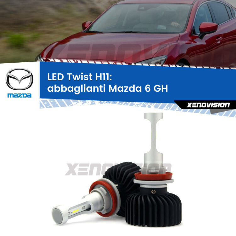 <strong>Kit abbaglianti LED</strong> H11 per <strong>Mazda 6</strong> GH 2007-2013. Compatte, impermeabili, senza ventola: praticamente indistruttibili. Top Quality.