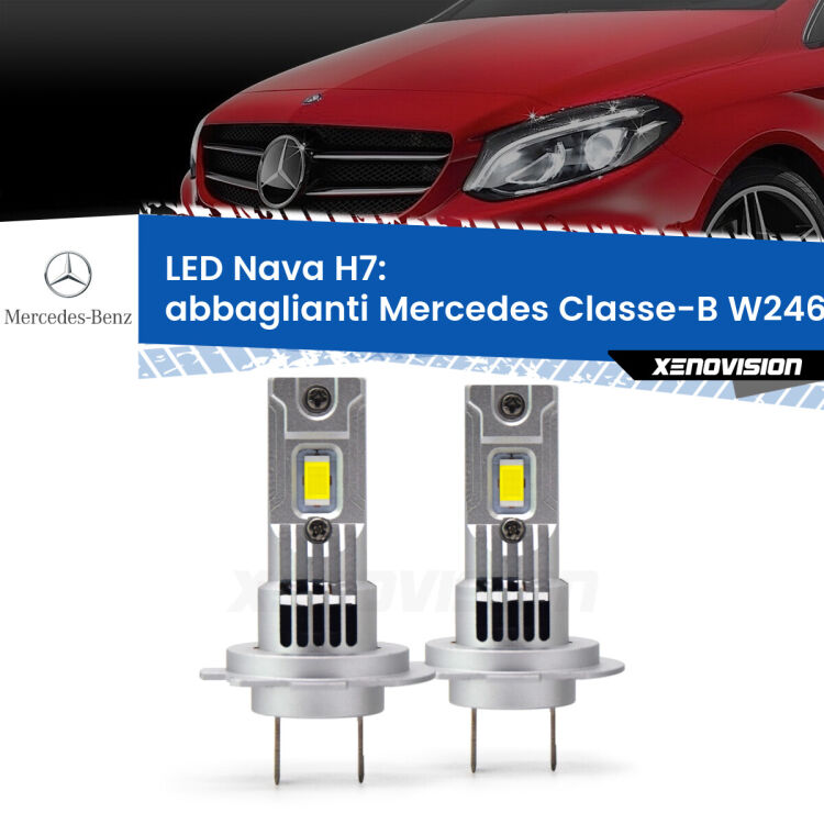 Abbaglianti LED Mercedes Classe-B W246, W242 2011 -2018: H7 Nava <strong>Abbaglianti LED no-spie per Mercedes Classe-B</strong> W246, W242 2011 -2018. Coppia lampade <strong>H7</strong> modello Nava canbus, raffreddate a ventola.