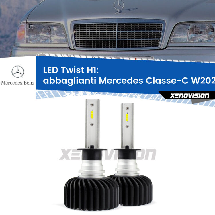 <strong>Kit abbaglianti LED</strong> H1 per <strong>Mercedes Classe-C</strong> W202 1993-2000. Compatte, impermeabili, senza ventola: praticamente indistruttibili. Top Quality.