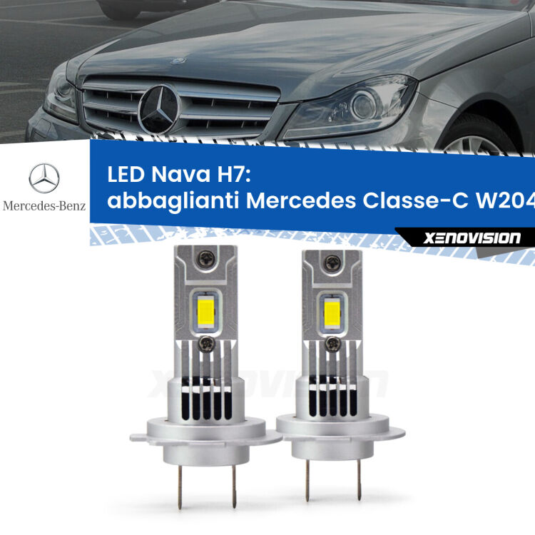 Abbaglianti LED Mercedes Classe-C W204 fino al 2010, con fari Bi-Xenon: H7 Nava <strong>Abbaglianti LED no-spie per Mercedes Classe-C</strong> W204 fino al 2010, con fari Bi-Xenon. Coppia lampade <strong>H7</strong> modello Nava canbus, raffreddate a ventola.