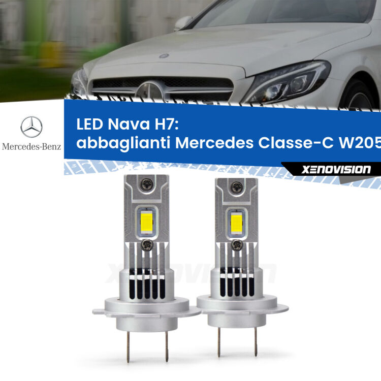 Abbaglianti LED Mercedes Classe-C W205 2013 -2018: H7 Nava <strong>Abbaglianti LED no-spie per Mercedes Classe-C</strong> W205 2013 -2018. Coppia lampade <strong>H7</strong> modello Nava canbus, raffreddate a ventola.