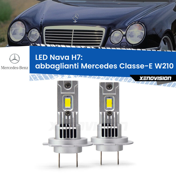 Abbaglianti LED Mercedes Classe-E W210 1995 -2002: H7 Nava <strong>Abbaglianti LED no-spie per Mercedes Classe-E</strong> W210 1995 -2002. Coppia lampade <strong>H7</strong> modello Nava canbus, raffreddate a ventola.