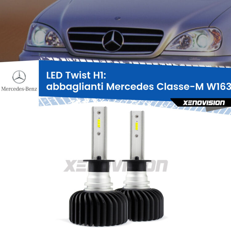<strong>Kit abbaglianti LED</strong> H1 per <strong>Mercedes Classe-M</strong> W163 1998-2000. Compatte, impermeabili, senza ventola: praticamente indistruttibili. Top Quality.