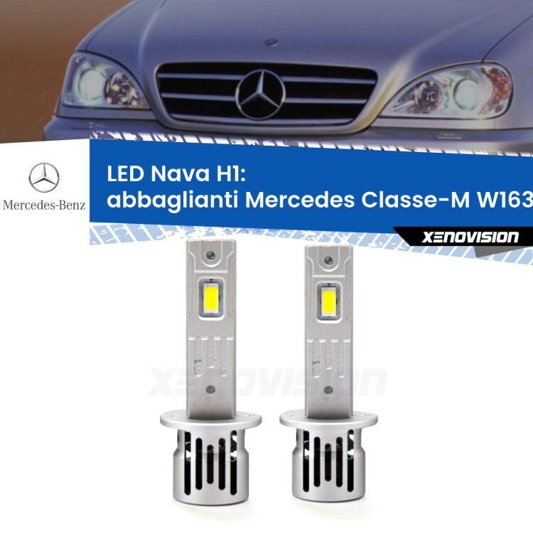 Abbaglianti LED Mercedes Classe-M W163 1998 -2000: H1 Nava <strong>Abbaglianti LED no-spie per Mercedes Classe-M</strong> W163 1998 -2000. Coppia lampade <strong> H1</strong> modello Nava canbus, raffreddate a ventola.