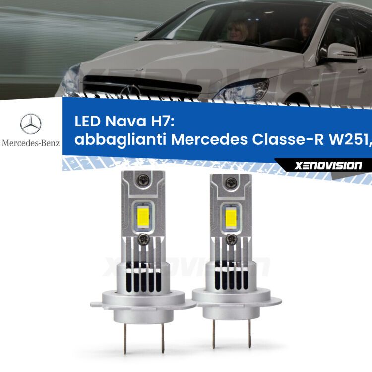 Abbaglianti LED Mercedes Classe-R W251, V251 fino al 2009, con fari Bi-Xenon: H7 Nava <strong>Abbaglianti LED no-spie per Mercedes Classe-R</strong> W251, V251 fino al 2009, con fari Bi-Xenon. Coppia lampade <strong>H7</strong> modello Nava canbus, raffreddate a ventola.