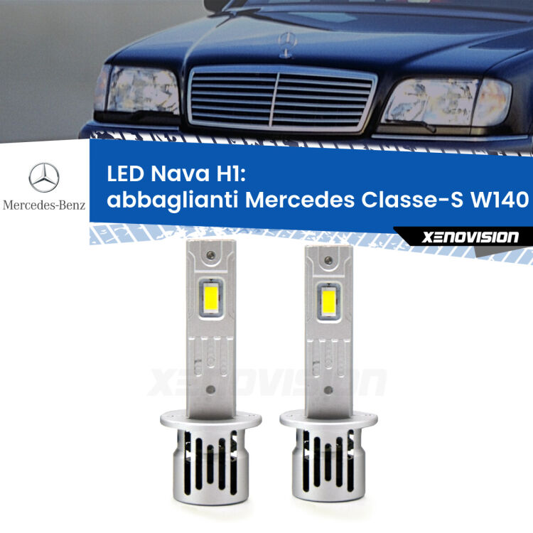 Abbaglianti LED Mercedes Classe-S W140 1991 -1998: H1 Nava <strong>Abbaglianti LED no-spie per Mercedes Classe-S</strong> W140 1991 -1998. Coppia lampade <strong> H1</strong> modello Nava canbus, raffreddate a ventola.