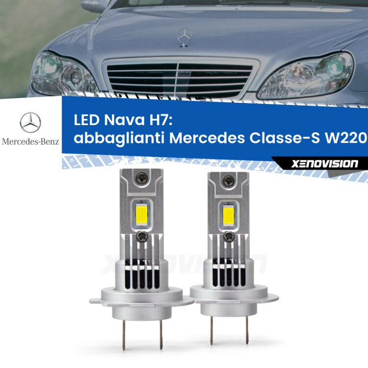 Abbaglianti LED Mercedes Classe-S W220 1998 -2005: H7 Nava <strong>Abbaglianti LED no-spie per Mercedes Classe-S</strong> W220 1998 -2005. Coppia lampade <strong>H7</strong> modello Nava canbus, raffreddate a ventola.