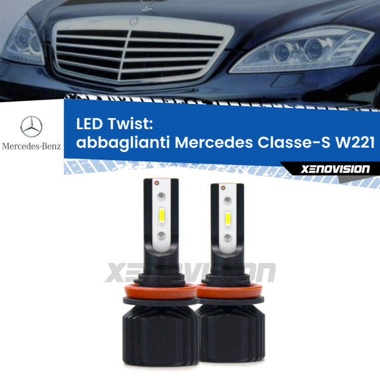 Abbaglianti LED Mercedes Classe-S W221 Full-beam spotlight con fari Bi-Xenon dal 2012/2: Twist 11,000Lm <strong>Kit abbaglianti LED</strong> per <strong>Mercedes Classe-S</strong> W221 Full-beam spotlight con fari Bi-Xenon dal 2012/2. Compatte, impermeabili, senza ventola: praticamente indistruttibili. Top Quality.