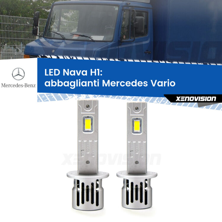 Abbaglianti LED Mercedes Vario  1996 -2013: H1 Nava <strong>Abbaglianti LED no-spie per Mercedes Vario</strong>  1996 -2013. Coppia lampade <strong> H1</strong> modello Nava canbus, raffreddate a ventola.