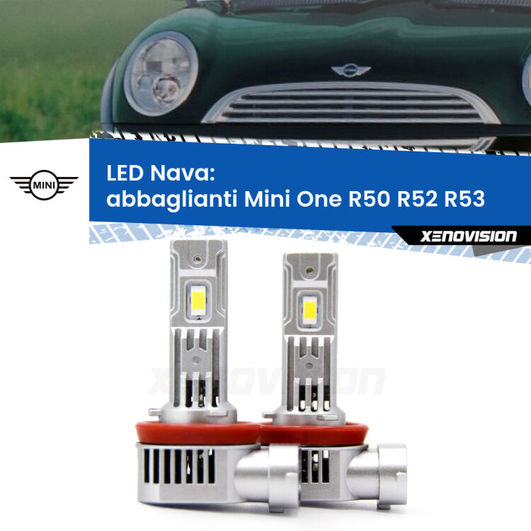 0 Abbaglianti LED Mini One R50 R52 R53 con fari Xenon: Nava 20,000Lm <strong>Abbaglianti LED no-spie per Mini One</strong> R50 R52 R53 con fari Xenon. Coppia lampade <strong>H11</strong>/H9/H8/H16(JP) modello Nava canbus, raffreddate a ventola.