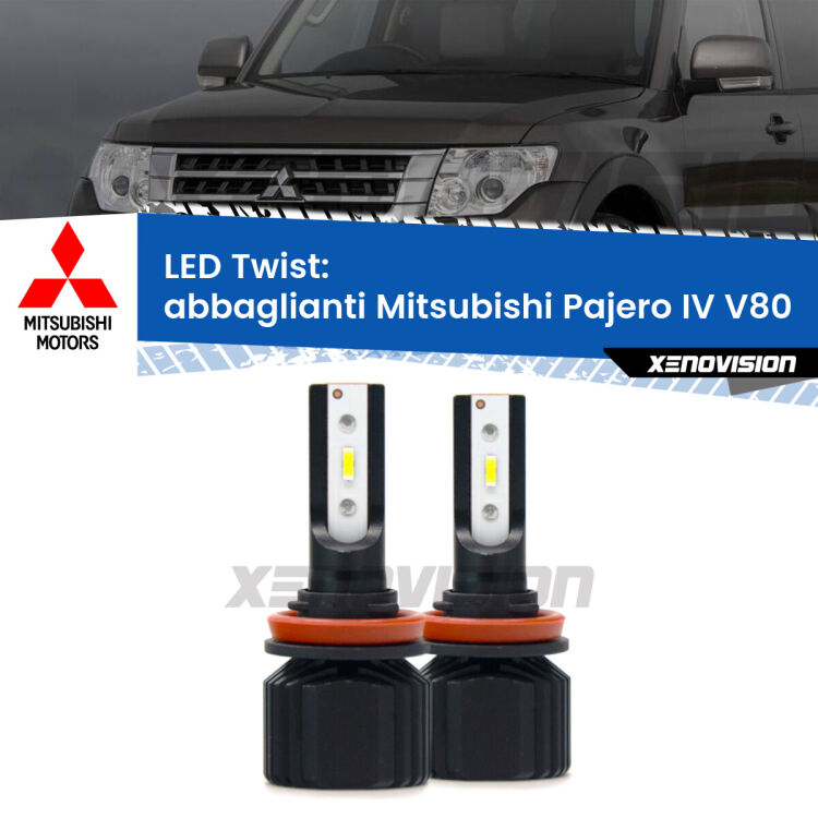 Abbaglianti LED Mitsubishi Pajero IV V80 2007 -2021: Twist 11,000Lm <strong>Kit abbaglianti LED</strong> per <strong>Mitsubishi Pajero IV</strong> V80 2007 -2021. Compatte, impermeabili, senza ventola: praticamente indistruttibili. Top Quality.