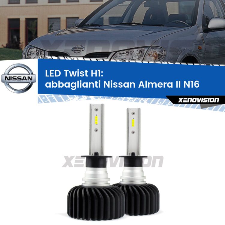 <strong>Kit abbaglianti LED</strong> H1 per <strong>Nissan Almera II</strong> N16 2000-2002. Compatte, impermeabili, senza ventola: praticamente indistruttibili. Top Quality.