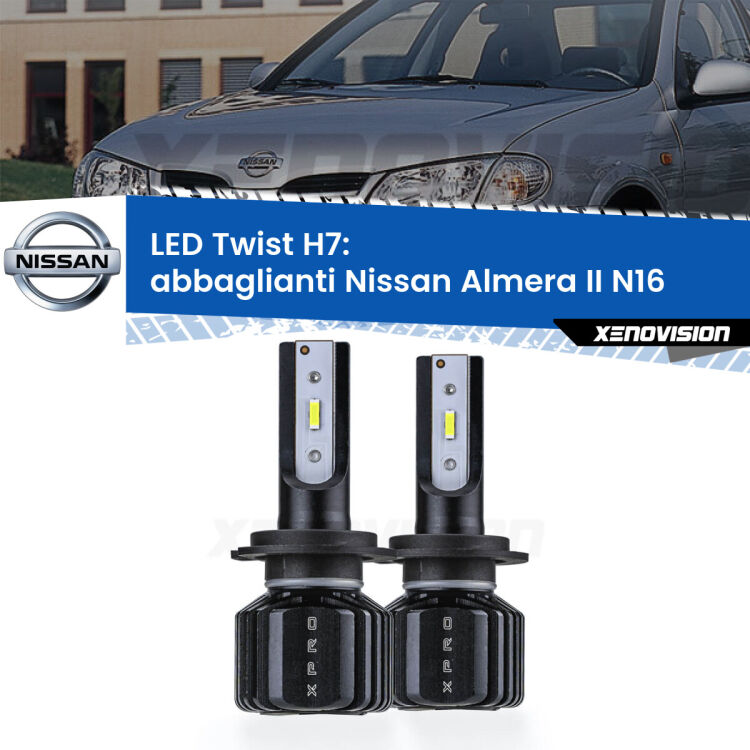 <strong>Kit abbaglianti LED</strong> H7 per <strong>Nissan Almera II</strong> N16 2002-2006. Compatte, impermeabili, senza ventola: praticamente indistruttibili. Top Quality.