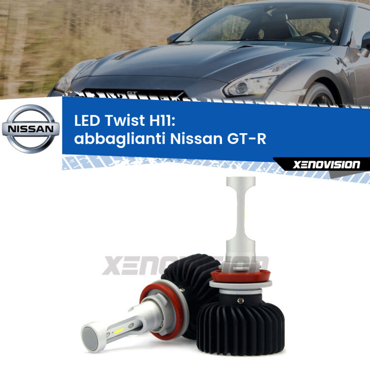 <strong>Kit abbaglianti LED</strong> H11 per <strong>Nissan GT-R</strong>  con fari Xenon. Compatte, impermeabili, senza ventola: praticamente indistruttibili. Top Quality.
