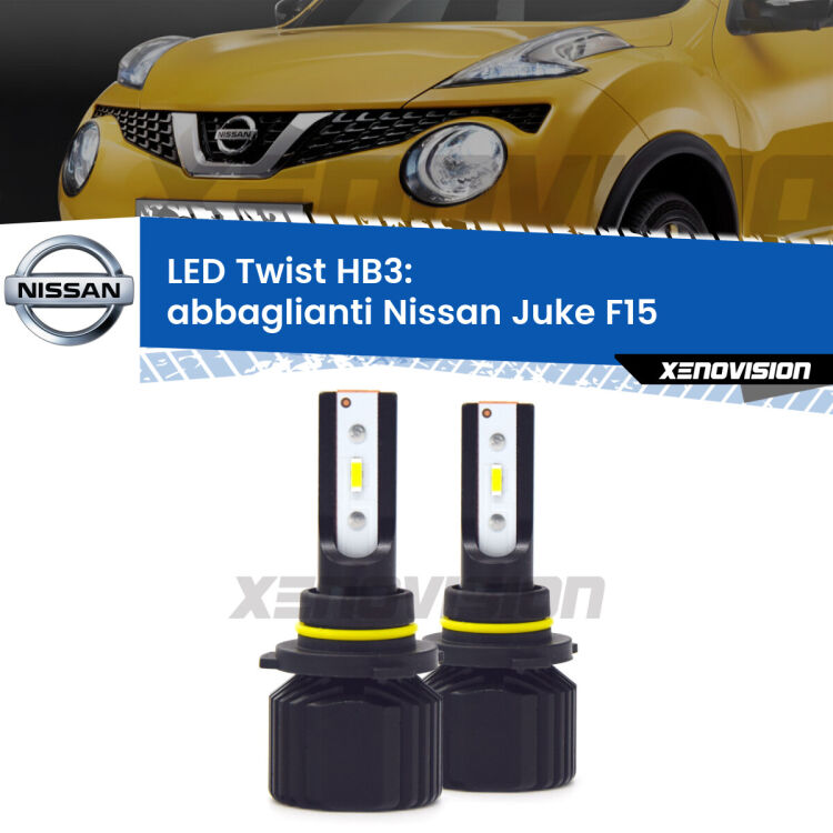 <strong>Kit abbaglianti LED</strong> HB3 per <strong>Nissan Juke</strong> F15 2014-2018. Compatte, impermeabili, senza ventola: praticamente indistruttibili. Top Quality.