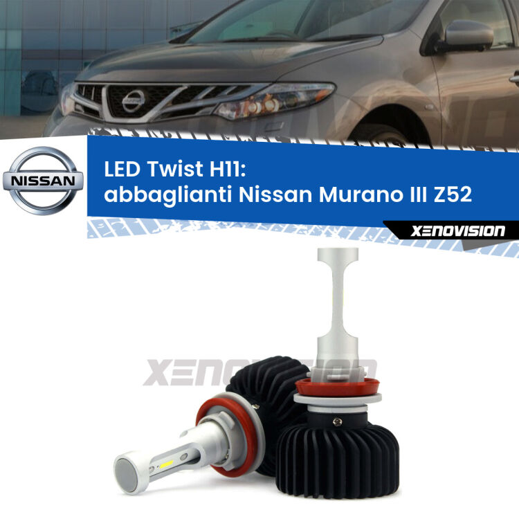 <strong>Kit abbaglianti LED</strong> H11 per <strong>Nissan Murano III</strong> Z52 2014in poi. Compatte, impermeabili, senza ventola: praticamente indistruttibili. Top Quality.