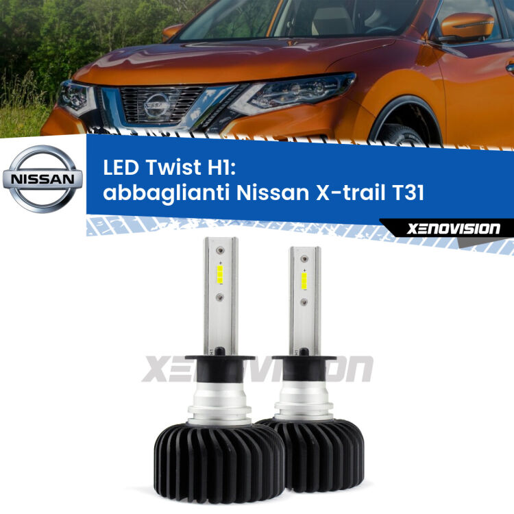 <strong>Kit abbaglianti LED</strong> H1 per <strong>Nissan X-trail</strong> T31 2007-2014. Compatte, impermeabili, senza ventola: praticamente indistruttibili. Top Quality.