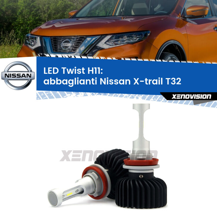 <strong>Kit abbaglianti LED</strong> H11 per <strong>Nissan X-trail</strong> T32 2013in poi. Compatte, impermeabili, senza ventola: praticamente indistruttibili. Top Quality.