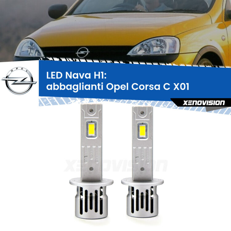 Abbaglianti LED Opel Corsa C X01 con fari Valeo: H1 Nava <strong>Abbaglianti LED no-spie per Opel Corsa C</strong> X01 con fari Valeo. Coppia lampade <strong> H1</strong> modello Nava canbus, raffreddate a ventola.