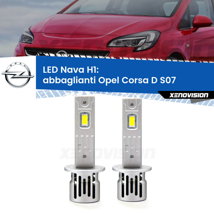 Abbaglianti LED Opel Corsa D S07 senza luci svolta: H1 Nava <strong>Abbaglianti LED no-spie per Opel Corsa D</strong> S07 senza luci svolta. Coppia lampade <strong> H1</strong> modello Nava canbus, raffreddate a ventola.