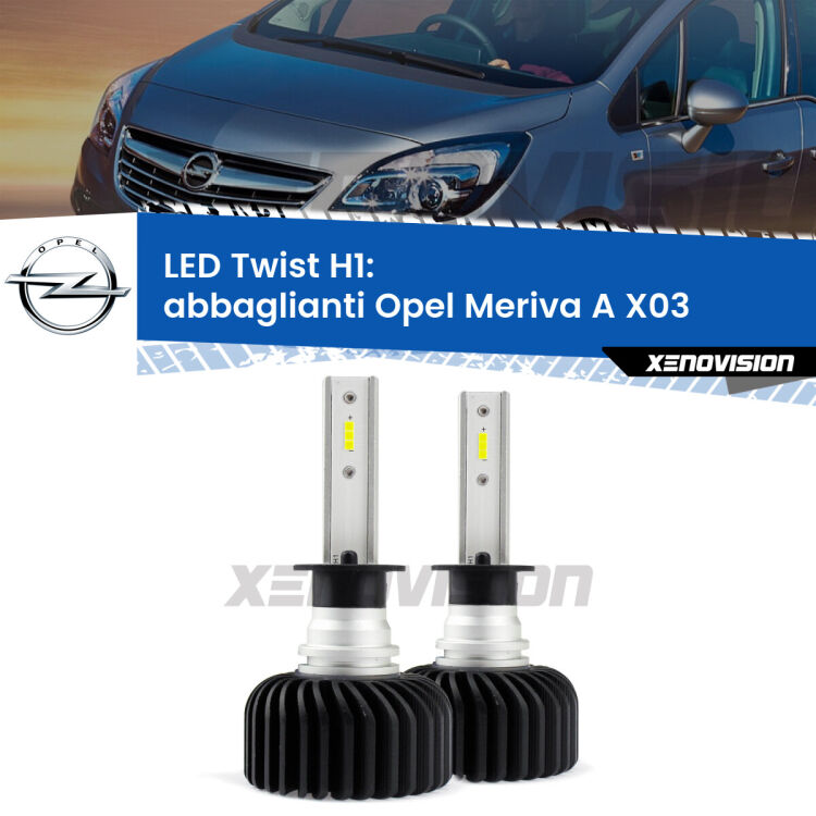 <strong>Kit abbaglianti LED</strong> H1 per <strong>Opel Meriva A</strong> X03 2003-2010. Compatte, impermeabili, senza ventola: praticamente indistruttibili. Top Quality.