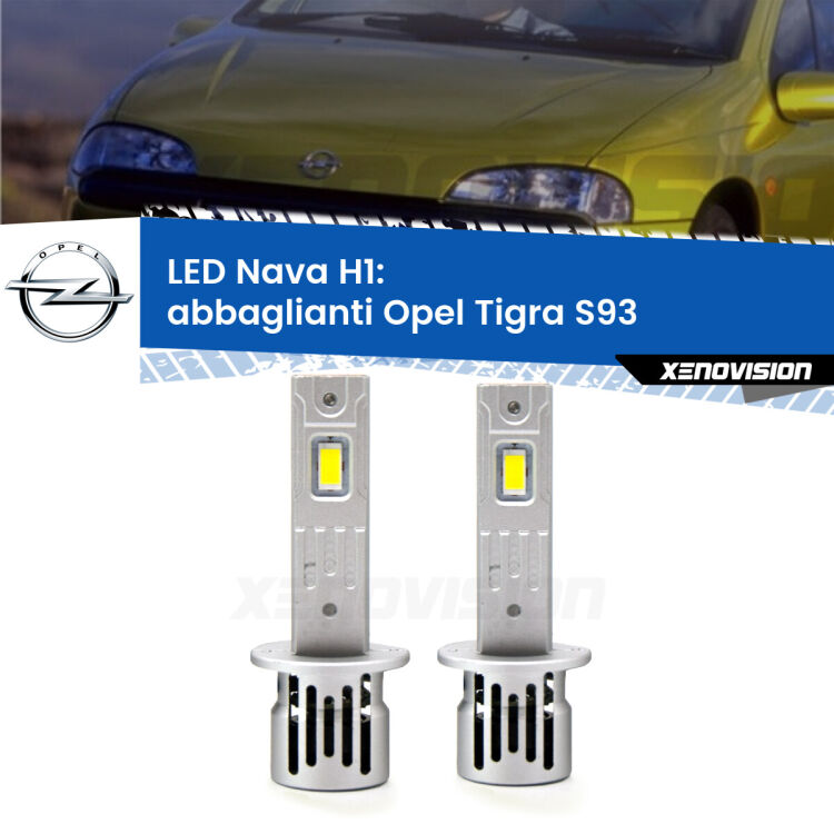 Abbaglianti LED Opel Tigra S93 1994 -2000: H1 Nava <strong>Abbaglianti LED no-spie per Opel Tigra</strong> S93 1994 -2000. Coppia lampade <strong> H1</strong> modello Nava canbus, raffreddate a ventola.