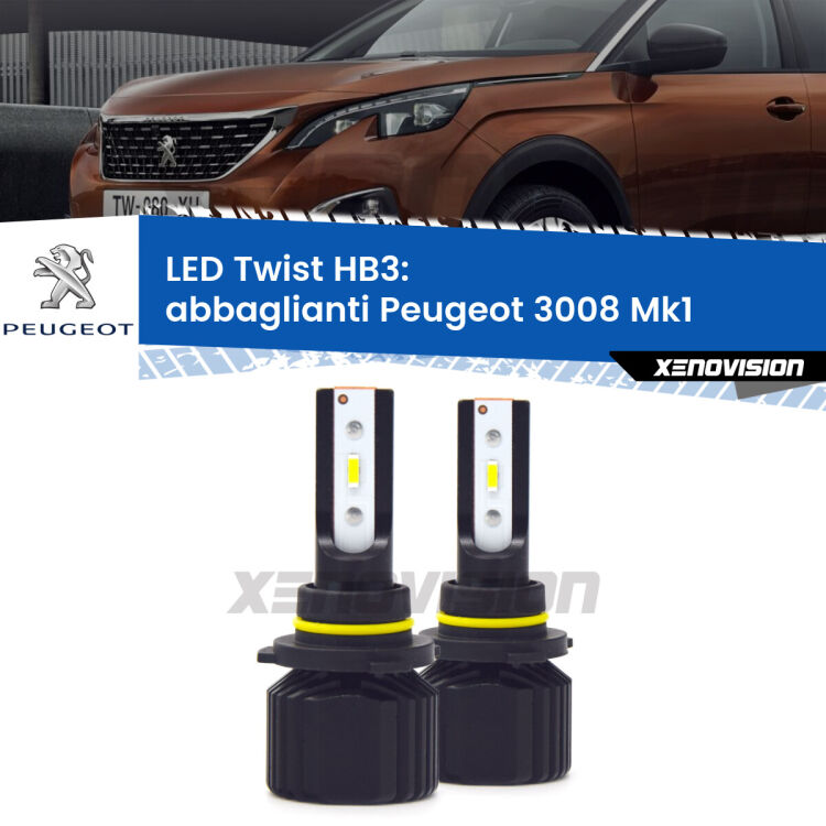 <strong>Kit abbaglianti LED</strong> HB3 per <strong>Peugeot 3008</strong> Mk1 2013-2015. Compatte, impermeabili, senza ventola: praticamente indistruttibili. Top Quality.
