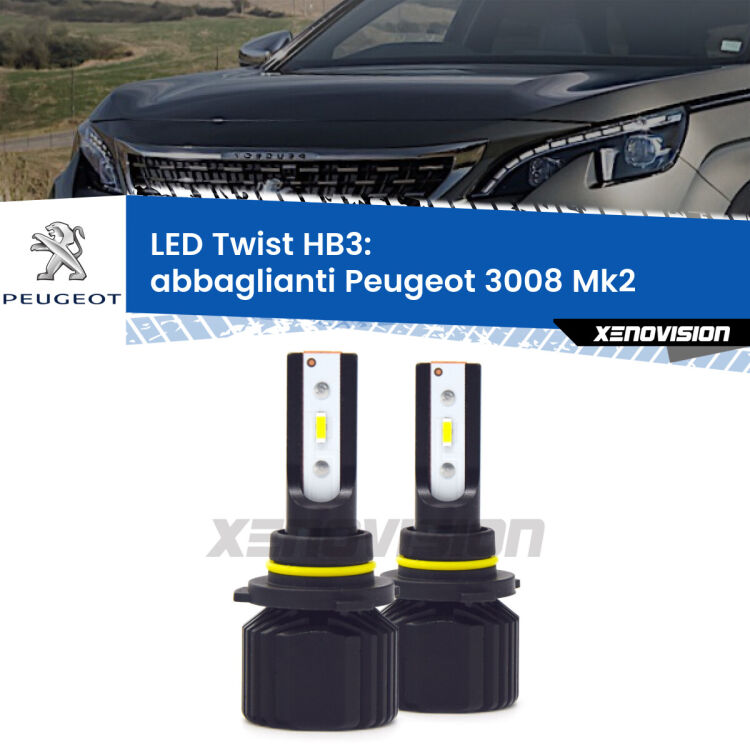 Abbaglianti LED Peugeot 3008 Mk2 2016 in poi: HB3 11,000Lm <strong>Kit abbaglianti LED</strong> HB3 per <strong>Peugeot 3008</strong> Mk2 2016 in poi. Compatte, impermeabili, senza ventola: praticamente indistruttibili. Top Quality.