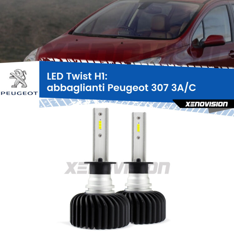 <strong>Kit abbaglianti LED</strong> H1 per <strong>Peugeot 307</strong> 3A/C 2000-2005. Compatte, impermeabili, senza ventola: praticamente indistruttibili. Top Quality.
