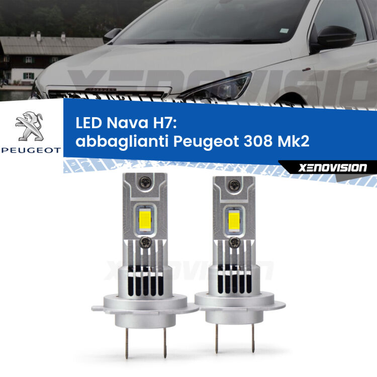 Abbaglianti LED Peugeot 308 Mk2 restyling: H7 Nava <strong>Abbaglianti LED no-spie per Peugeot 308</strong> Mk2 restyling. Coppia lampade <strong>H7</strong> modello Nava canbus, raffreddate a ventola.