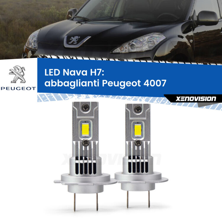 0 Abbaglianti LED Peugeot 4007  2007 -2012: H7 Nava <strong>Abbaglianti LED no-spie per Peugeot 4007</strong>  2007 -2012. Coppia lampade <strong>H7</strong> modello Nava canbus, raffreddate a ventola.