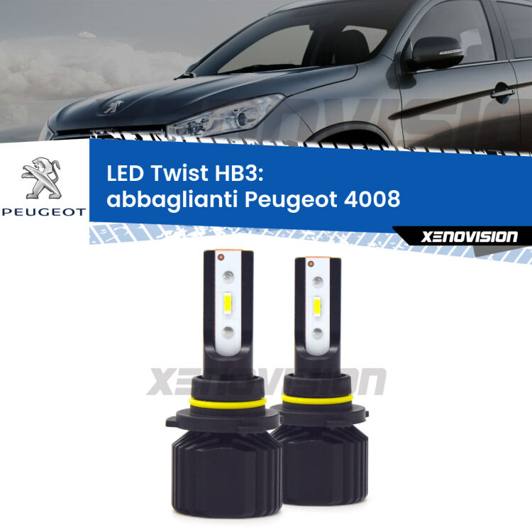 Abbaglianti LED Peugeot 4008 2012 in poi: HB3 11,000Lm <strong>Kit abbaglianti LED</strong> HB3 per <strong>Peugeot 4008</strong> 2012 in poi. Compatte, impermeabili, senza ventola: praticamente indistruttibili. Top Quality.