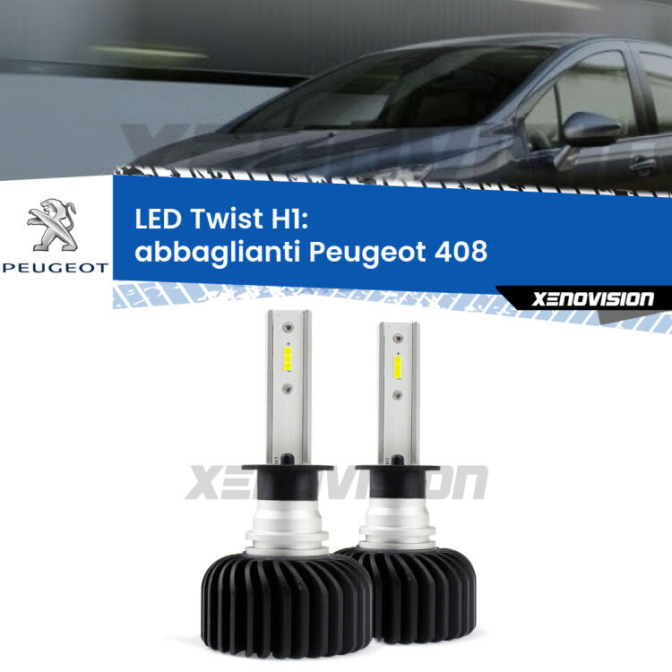 <strong>Kit abbaglianti LED</strong> H1 per <strong>Peugeot 408</strong>  Full-beam spotlight con fari Bi-Xenon. Compatte, impermeabili, senza ventola: praticamente indistruttibili. Top Quality.