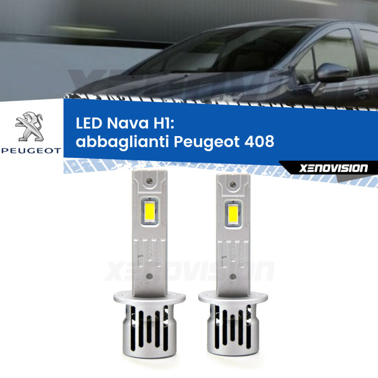 Abbaglianti LED Peugeot 408 Full-beam spotlight con fari Bi-Xenon: H1 Nava <strong>Abbaglianti LED no-spie per Peugeot 408</strong> Full-beam spotlight con fari Bi-Xenon. Coppia lampade <strong> H1</strong> modello Nava canbus, raffreddate a ventola.