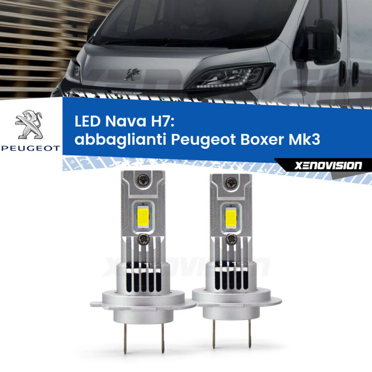 0 Abbaglianti LED Peugeot Boxer Mk3 2014 in poi: H7 Nava <strong>Abbaglianti LED no-spie per Peugeot Boxer</strong> Mk3 2014 in poi. Coppia lampade <strong>H7</strong> modello Nava canbus, raffreddate a ventola.