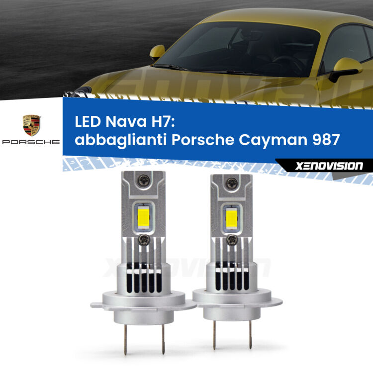 Abbaglianti LED Porsche Cayman 987 dal 2009, con fari Bi-Xenon: H7 Nava <strong>Abbaglianti LED no-spie per Porsche Cayman</strong> 987 dal 2009, con fari Bi-Xenon. Coppia lampade <strong>H7</strong> modello Nava canbus, raffreddate a ventola.