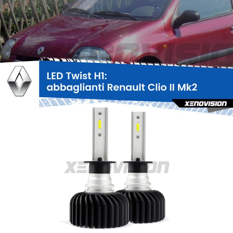 <strong>Kit abbaglianti LED</strong> H1 per <strong>Renault Clio II</strong> Mk2 a parabola doppia. Compatte, impermeabili, senza ventola: praticamente indistruttibili. Top Quality.