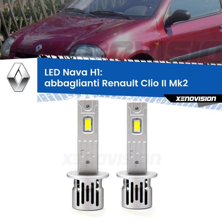 0 Abbaglianti LED Renault Clio II Mk2 a parabola doppia: H1 Nava <strong>Abbaglianti LED no-spie per Renault Clio II</strong> Mk2 a parabola doppia. Coppia lampade <strong> H1</strong> modello Nava canbus, raffreddate a ventola.