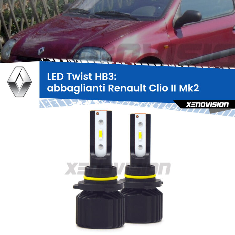 <strong>Kit abbaglianti LED</strong> HB3 per <strong>Renault Clio II</strong> Mk2 a parabola doppia. Compatte, impermeabili, senza ventola: praticamente indistruttibili. Top Quality.